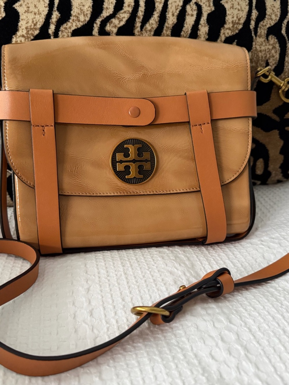 Tory Burch Cognac and Tan Leather Strap Crossbody